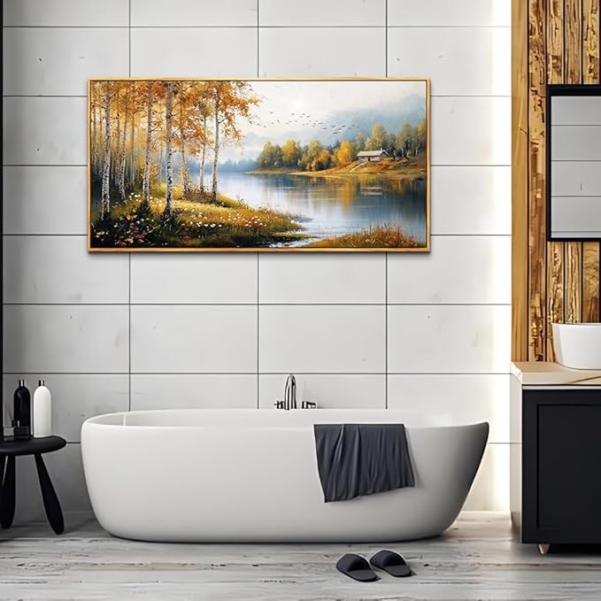 ERQINHUA Large Canvas Wood Framed Wall Art Living Room Wall Decor For Bedroom Forest Landscape Painting Lakeside Watercolour Wall Pictures Artwork Picture Office Farmhouse Home Decorations 24x48 In