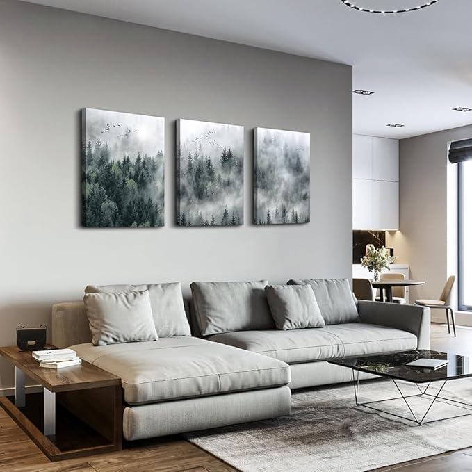 Canvas Wall Art For Living Room Modern Wall Decorations For Bedroom Foggy Forest Trees Landscape Wall Painting Office Wall Decor Canvas Prints Home Decor Ready To Hang Wall Pictures 16"X24"X3 Panels