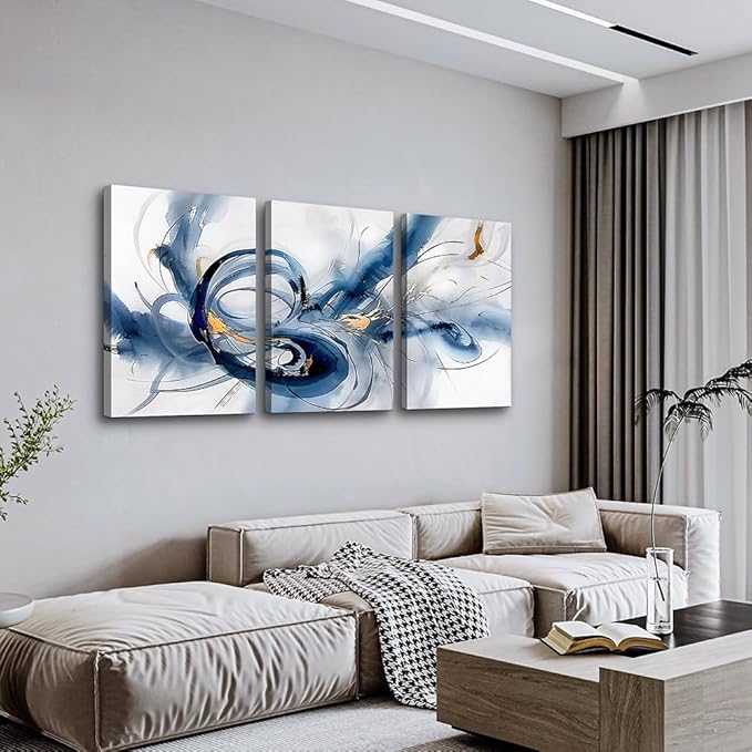 TTHYUEWS Abstract Canvas Wall Decor - Bedroom & Living Room Modern Office Art - Minimalist Blue Ink Wall Paintings - 3 Pieces