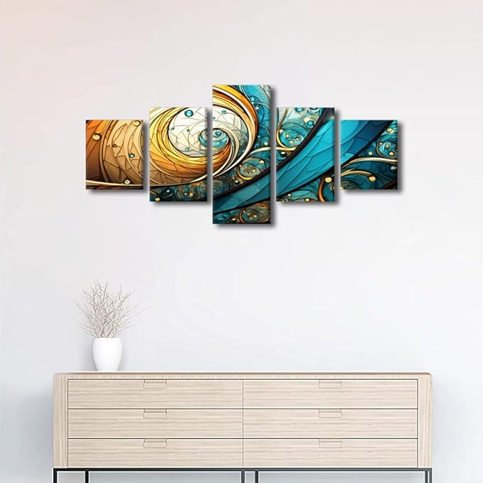 Wall Art for Men Modern Abstract Canvas Wall Art Decor Prints 5 Panel Vortex Spiral Artwork Gold Blue Green Colors Wall Art for Lady Room Wall Decor Stretched and Framed Ready to Hang 50x24 in