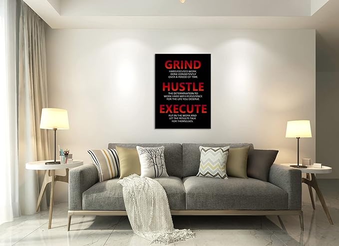 Inspirational Wall Art Office Canvas Poster Prints Grind Hustle Execute Motivational Entrepreneur Positive Affirmation Office Wall Decor Living Room Bedroom Framed Ready to Hang[30″W X 40″H]