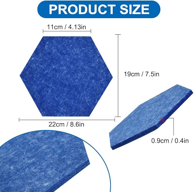 Vuzvuv 6 Pcs Hexagon Bulletin Board with 50 Pushpins & Sticky Note Adhesive Cork Board for Wall，Felt Pin Board for School，Office Decor（Blue）