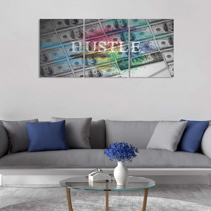 Hustle Wall Art Inspirational Posters Motivational Canvas Wall Art Entrepreneur Quotes Prints Wall Decor 3 Pieces Inspiring Success for Office Home Living Room Bedroom Framed Ready to Hang(60”Wx28”H)