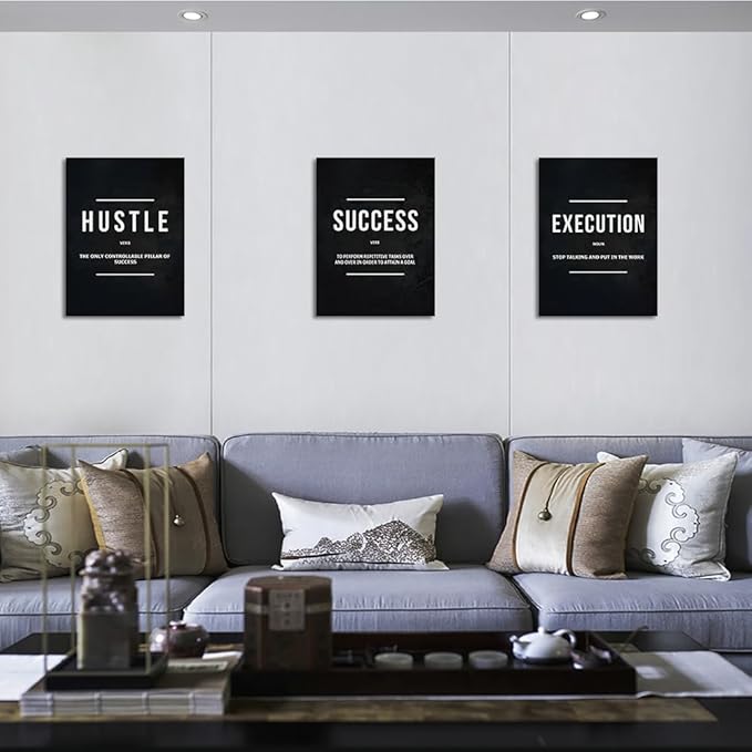 Unbruvo Hustle Success Execution Wall Art for Office, Inspirational Motivational Wall Decor, 3 Pieces Positive Quotes Canvas Wall Art for Entrepreneur Living Room Bedroom(36''Wx 16''H)