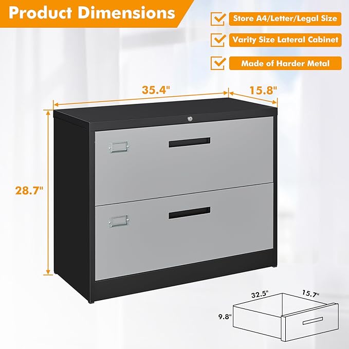 Lateral File Cabinet with Lock, 2 Drawer Metal Filing Cabinet, Lateral Filing Cabinet with Lock for Home Office, Locking Metal Steel Wide File for Legal/Letter A4 Size