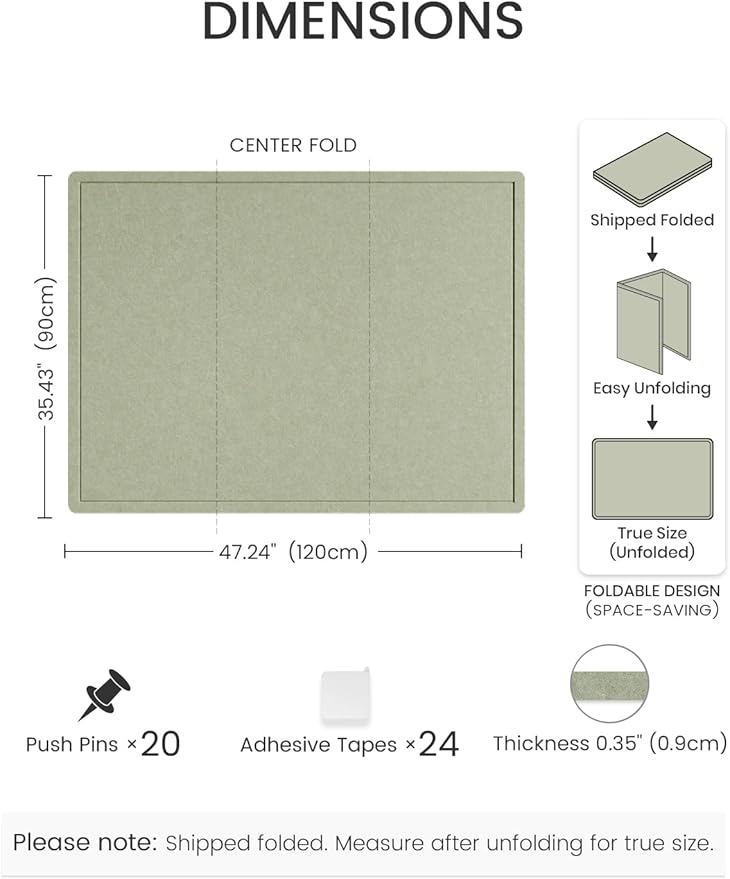 Fluxynara Large Bulletin Board, 47.2" x 35.4" Cork Board Alternative with 24 Safe Removable Adhesive Tabs, Foldable Felt Pin Board for Home Office, Classroom, Bedroom,Entryway for Walls— Sage