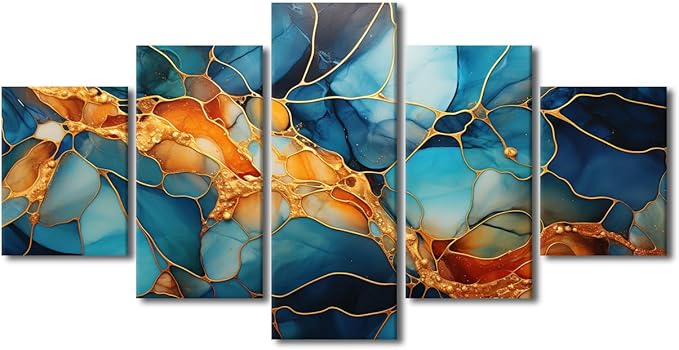 Canvas Wall Art Decor Abstract Canvas Wall Art Modern 5 Panel Colorful Glass Window Poster Golden Lines Painting Art Prints for Living Room Decoration Stretched and Framed Ready to Hang 60x32 in