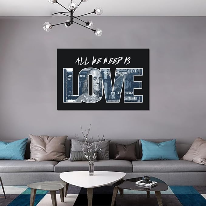 Inspirational Money Dollar Canvas Paintings Wall Art All We Need Is Love (Money) Artwork Modern Home Decor Motivational Framed Office Art Easy to Hang-24x36 inches