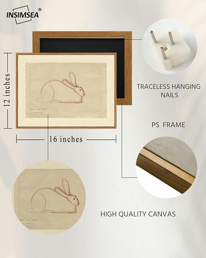 InSimSea Framed Canvas Prints Art Vintage Decor, Sketch Easter Rabbit Antique Painting, Rustic Spring Wall Art for Living Room Bedroom Home Bathroom Wall Decor, 12x16inch