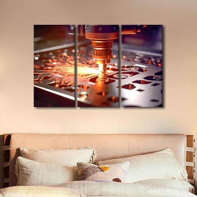 TUMOVO CNC Milling Machine Paintings for Wall Decorations 3 Piece Canvas Wall Art Machine Picture Art Prints Canvas Art Wall Decor Modern Artwork for Home Walls with Wooden Frame, 42x28 Inch