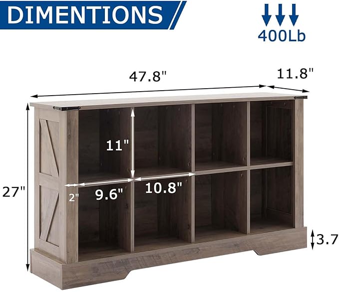 8 Cube Storage Organizer, 2 Tier Book Shelf with Led Lights, Farmhouse Book Shelves for Living Room, Horizontal Toy Storage Bookshelf, Wood Display Bookcase Cabinet for Bedroom, Office, Grey