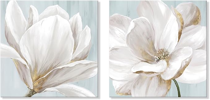 SEVEN WALL ARTS White Magnolia Wall Art Flower Artwork Floral Canvas Paintings Vintage Nature Botanical Painting Farmhouse Artwork Wall Decor for Bedroom Living Room Bathroom Office 24"x 24" x2pcs