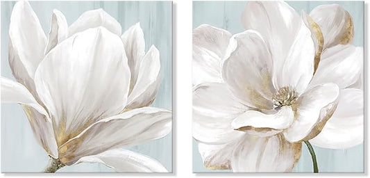 SEVEN WALL ARTS White Magnolia Wall Art Flower Artwork Floral Canvas Paintings Vintage Nature Botanical Painting Farmhouse Artwork Wall Decor for Bedroom Living Room Bathroom Office 24"x 24" x2pcs