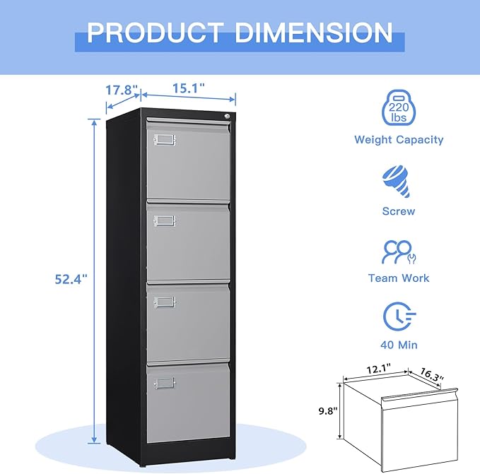 Yizosh 4 Drawer File Cabinet with Lock, Filing Cabinets for Home Office, Metal Locking Office File Storage Cabinets with Drawers, Vertical Small Filing Cabinet Organizer for Legal/A4