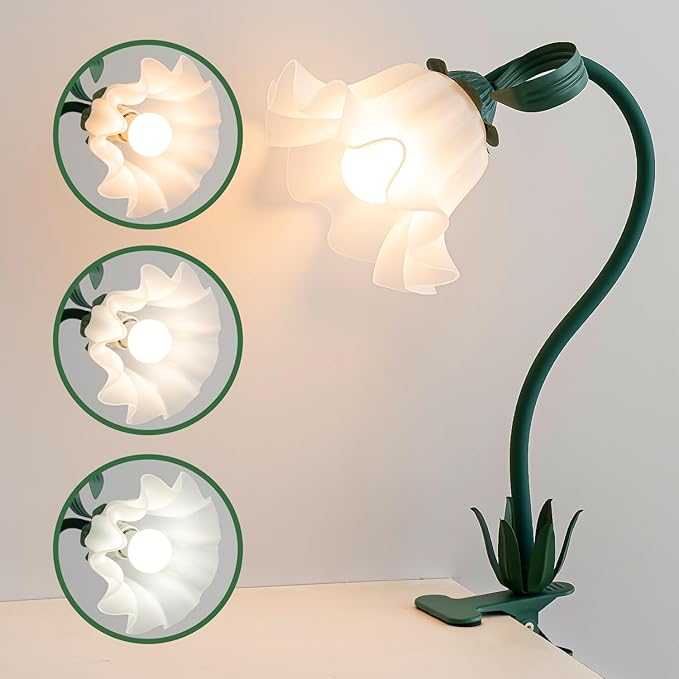 Green Clip on Light, 3 Color Modes Eye-Caring Flower Desk Lamp with Clamp, Dorm Room Essentials, Flexible Neck Reading Clamp Lamps for College Bedside Bookshelf Studying Room (Dark Green)