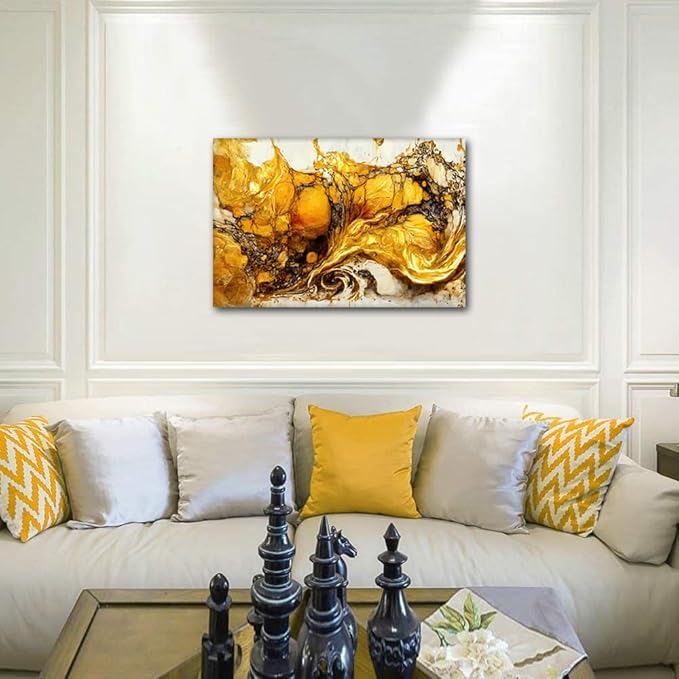 Modern Canvas Wall Art 1 Panel Abstract Wall Decor Artwork Gold and White Marble Art Poster Prints on Canvas for Dilettante Living Room Bedroom Wall Decor Stretched and Framed Ready to Hang 24x16 in
