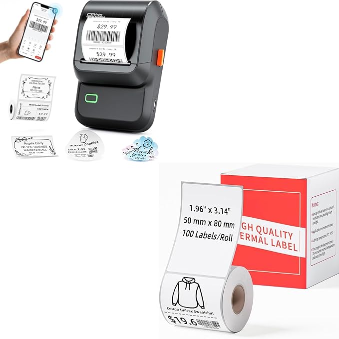 Label Maker Machine with Tapes, M110 Labels 1.96'' x 3.14'' (50x80mm), 100 Labels/Roll, for Address/Mailing/Barcode/Business/Office