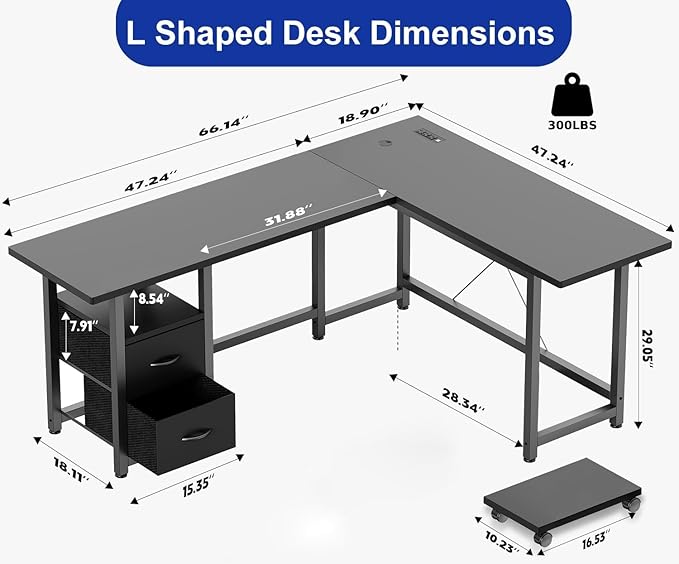 Gizoon 66" L Shaped Gaming Desk with Large Drawers, Reversible Corner Desk with Power Outlets & Moveable CPU Stand, Home Office Computer Desk, Black