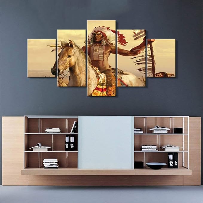 YOUHONG Native American Wall Art | Chief with Horse Design | 5-Panel Set with High-Definition Printing, Ready to Hang for Indian Home Decor, Native American Wall Decor, Size 60''W x 32''H
