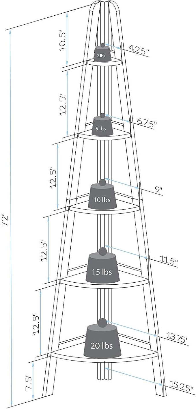 Casual Home 100% Solid Wood 5-Shelf Ladder Bookcase, Corner, 72"H, Espresso