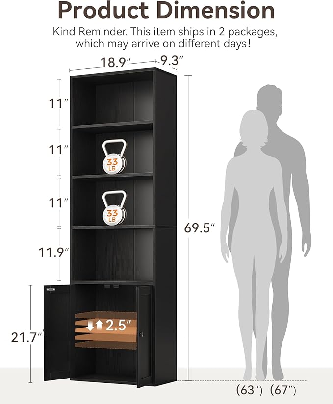 Casaottima Bookshelf and Bookcase with Doors, Floor Standing 6-Tier Shelf Display Storage Shelves, Tall Bookcases for Home Office, Living Room, Black 2 Pack