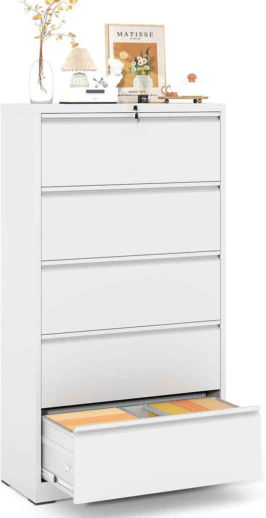 5 Drawer File Cabinet,Metal Lateral Filing Cabinet with Lock,Home Office Storage Organizer Cabinet for Legal/Letter/A4/F4 Size Files,35.5" W,White