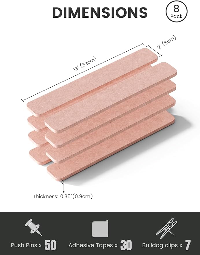 Fluxynara Cork Board Alternative Felt Strip Board 8-Pack 13"x2", Office Pin Board with 50 Push Pins, Adhesive Install for Bedroom Door & Home Office(Pink)