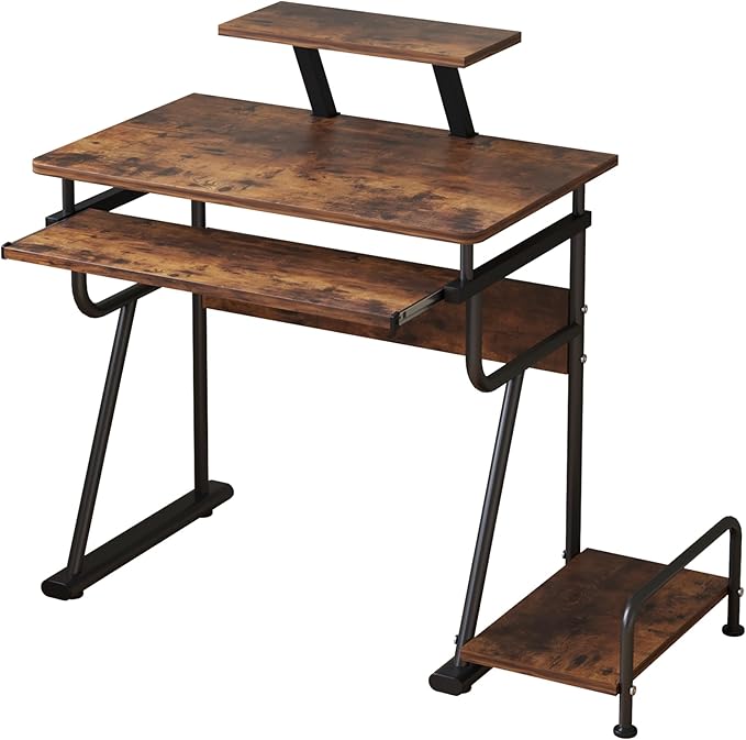 TigerDad Gaming/Computer Desk, Home Office Small Desk with Monitor Stand, Rustic Writing Desk, Dismountable Computer Tower Stand, Adjustable Storage Space, Modern Design Corner Table