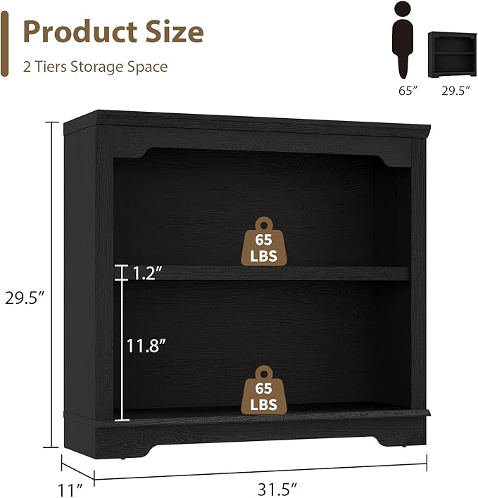 HIFYOBRO 2 Tier Bookshelf, 31.5" Wide Wooden Bookcase, 25.8" Tall Book Shelf, Freestanding Open Display Storage Bookshelves for Study Room, Home Office, Living Room (Black, 2-Shelf)