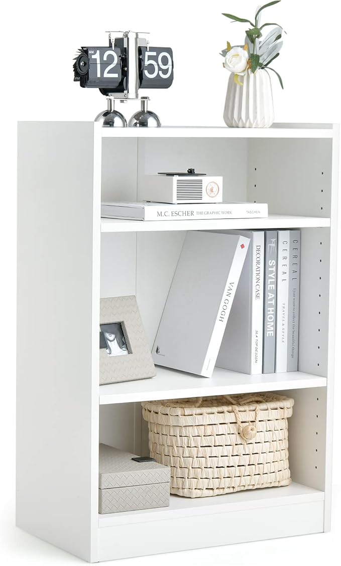 Tangkula 3 Tier Bookcase, Floor Standing Open Bookshelf with 18-Position Adjustable Shelves, Anti-toppling Device, Modern Multipurpose Display Storage Organizer for Living Room Study (1, White)