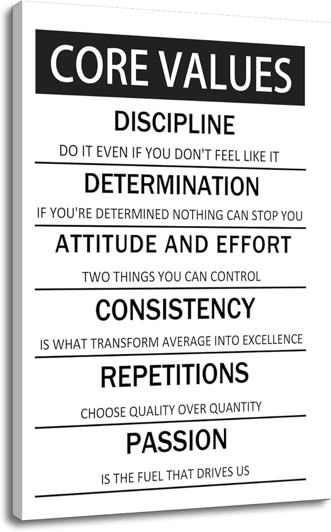 Core Values Motivational Wall Art Canvas Poster Black and White Inspirational Painting Print Artwork for Living Room Office Gym Modern Home Wall Decor Artwork Framed Ready to Hang [24''W x 36''H]