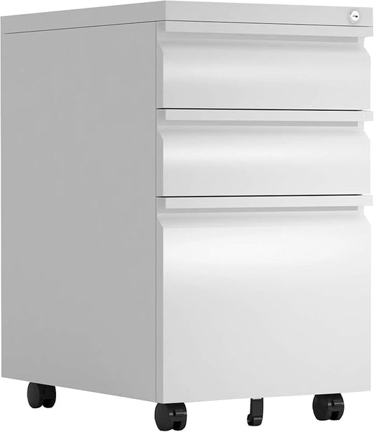 Anwick 3 Drawer Mobile File Cabinet with Lock, Under Desk Metal Filing Cabinet for Legal/Letter/A4 File, Fully Assembled Except Wheels (White)