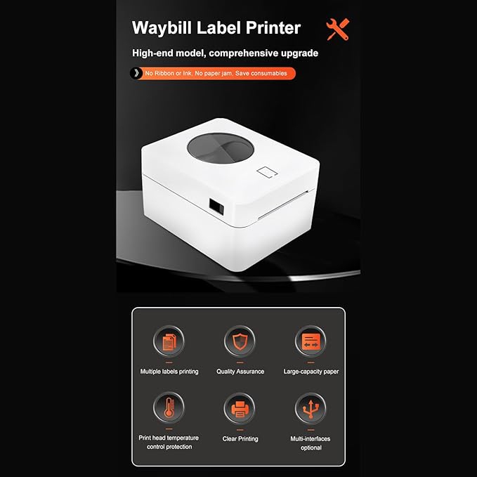 Marhynchus Thermal Label Printer, High Speed Shipping Label Printer with Sensors and Large Paper Capacity, Versatile Sticker Printer for Supermarkets, Warehouses, Offices (US Plug)