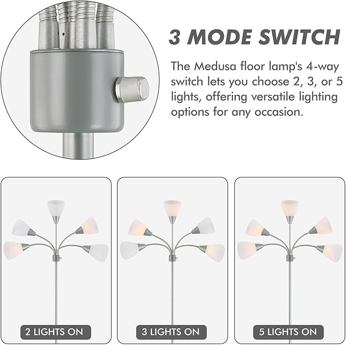 Medusa Modern Decor Floor Lamp, 5 Head Adjustable Gooseneck Lamps for Reading, White Shades Multiple Tall Standing Lamps for Living Room Bedroom Office Kids Classroom, Silver, Bulbs Included