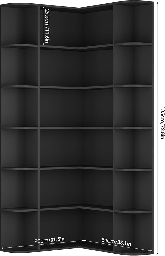 FOTOSOK 74” Tall Corner Bookshelf, 6-Tier Bookshelf and Bookcase with Open Storage, L Shaped Tall Bookcases Wooden Storage Shelves for Home Office, Thickened Boards for Better Load Bearing, Black
