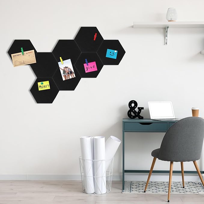 8 Pcs 12" Large Hexagon Felt Cork Bulletin Board Tiles Self Adhesive DIY Pin Board with 50 Push Pins and 10 Colored Clips, Wall Decor for Office Home Kitchen Photos Memos(Colorful)