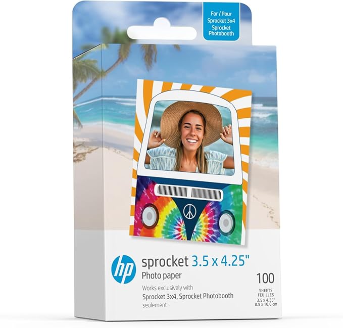 HP Sprocket 3.5 x 4.25" (8.9x10.8 cm) Premium Zink Sticky Back Photo Paper, 100 Sheets, Compatible Only with HP Sprocket 3x4 & Photobooth Photo Printers