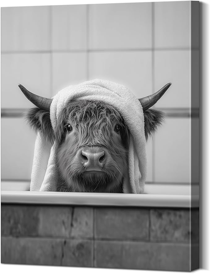 YOUHONG Funny Bathroom Highland Cow Pictures Wall Decor, Highland Cow Bathroom Decor Cute Animal Wall Art Posters Paintings Print with Wooden Frame Ready to Hang - 12x15.7 Inches Waterproof