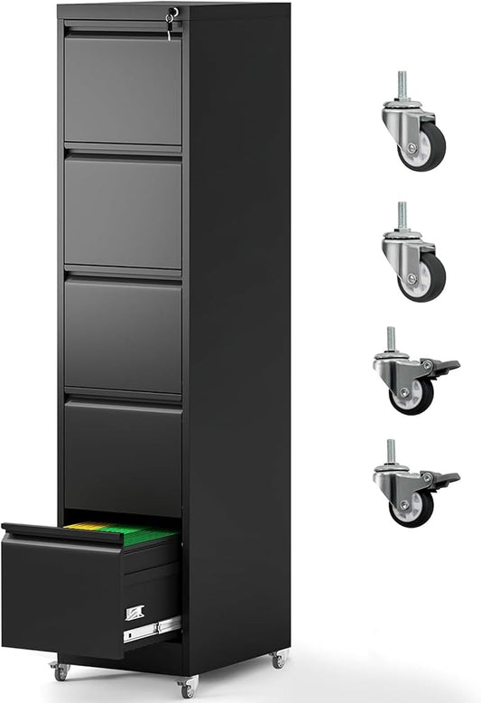 5 Drawer File Cabinet with Wheels, Metal Mobile File Cabinet with Lock, Rolling Filing Cabinet Home Office for Hanging File Folders, Letter Size, Legal Size, A4 Size, Require-Assembled, Black