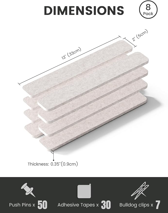 Fluxynara Cork Board Alternative Felt Strip Board 8-Pack 13"x2", Office Pin Board with 50 Push Pins, Adhesive Install for Bedroom Door & Home Office(Oatmeal)
