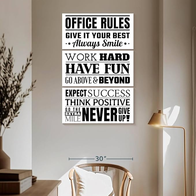 Elephant Stock - Fun Office Rules Wall Art - Vertical Multi Panel Canvas - 3 Piece Living Room Wall Decor - Digital Art Inspirational And Typography Multi Piece Wall Art - White And Black Decor - 42" x 65"