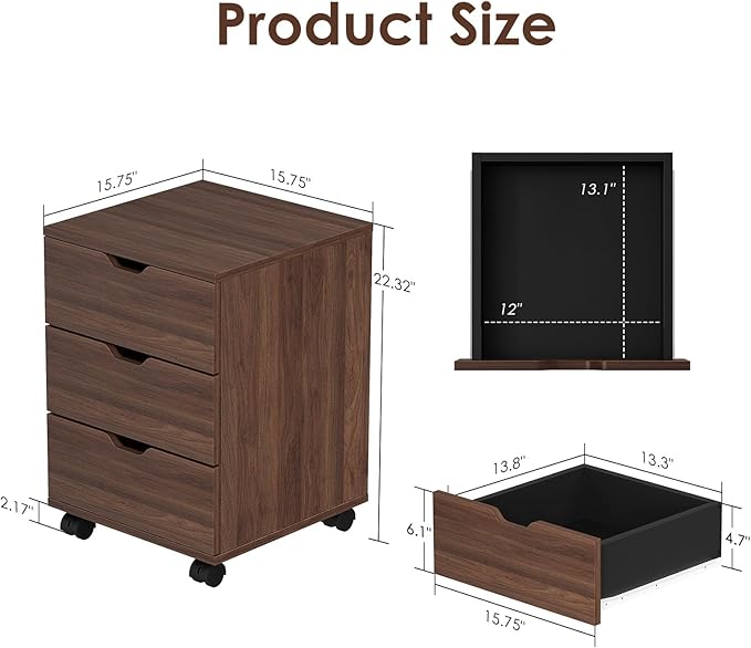 3 Drawer File Cabinet with Wheels, Heavy-Duty Steel Rolling Drawer Cabinet, Under Desk Filing Cabinet for Home Office Storage, 15.74" W x 15.74" D x 22.16" H (Brown)