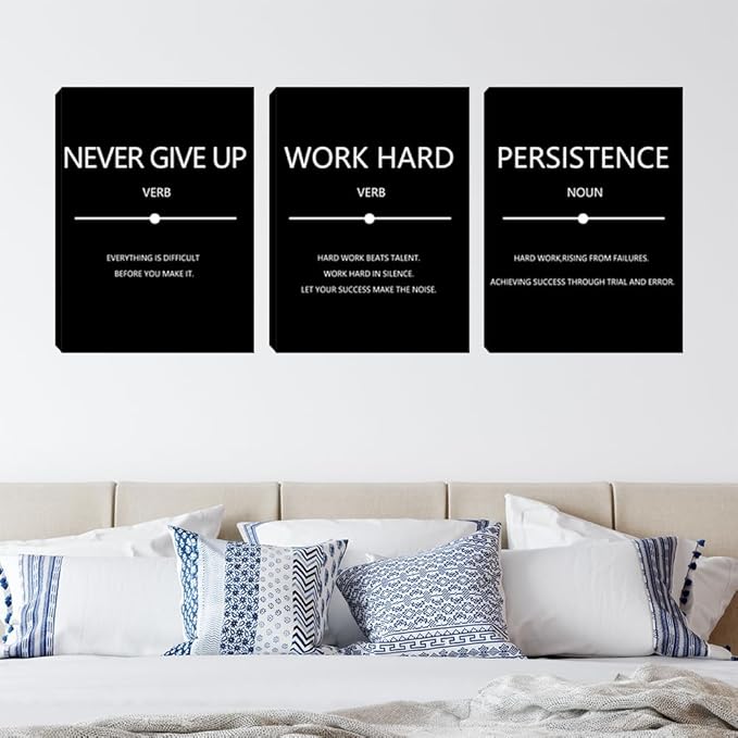 Large Black Office Wall Decor Art 3 Pieces Quotes Canvas Poster Prints Motivational Inspirational Picture Painting Bedroom Hallway Decorations Framed Artwork Easy to Hang 24"x36"x3
