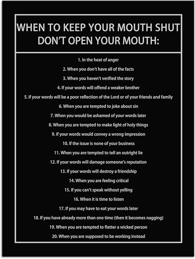 When to Keep Your Mouth Shut Don't Open Your Mouth Inspirational Canvas Wall Art Motivational Poster Life Learning Quote Picture Home Office Decor Painting Framed and Stretched[30''W x 40''H]