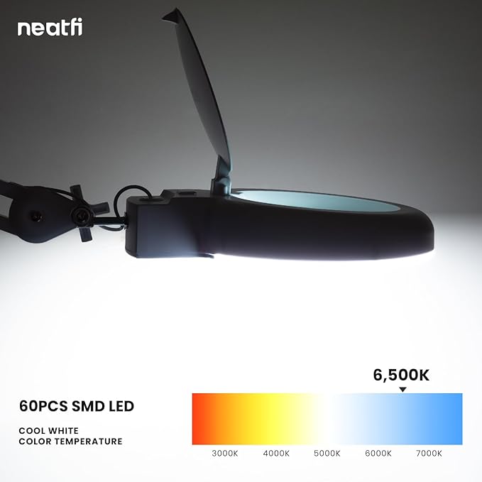 Neatfi LED Magnifying Lamp with Clamp | 12W | 60 SMD LEDs |1,200 Lumens | Adjustable Step Dimming | 2.25x Magnification Desk Lamp Magnifier for Crafts, Painting, and Hobbies (White, 5-Diopter)