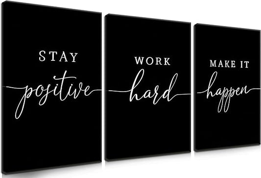 Motivational Office Wall Art Canvas Prints Set of 3 – Stay Positive Work Hard Make It Happen, Modern Positive Quotes Wall Decor for Home Office Living Room Bedroom Decor 16x24 inch Framed