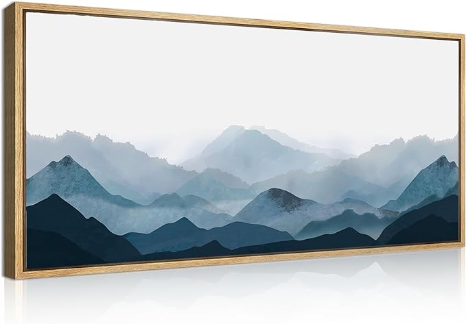 Blue Mountain Wall Art Fog Mountain Wall Decor Minimalist Mountain Artwork Blue Wall Art Decor 20x40 Inches Framed Mountains Art Minimalist Landscape Paintings Large Landscape Artwork for Bedroom Living Room Office Decor