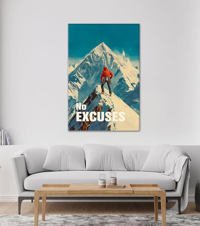 No Excuses Motivational Wall Art - Climber Canvas Print with Encouraging Quote, Inspirational Poster Snow Mountain Picture Wall Decor Inspiring Success Artwork for Office Home Gym, Framed 28"x44"