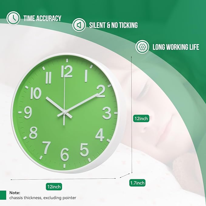 Wall Clock 12 Inch Green Modern Simple Quartz Decorative Clock Non-Ticking Silent Battery Operated Round Wall Clocks Trendy and Practical Best Gift for Living Room Bedroom Kitchen Office