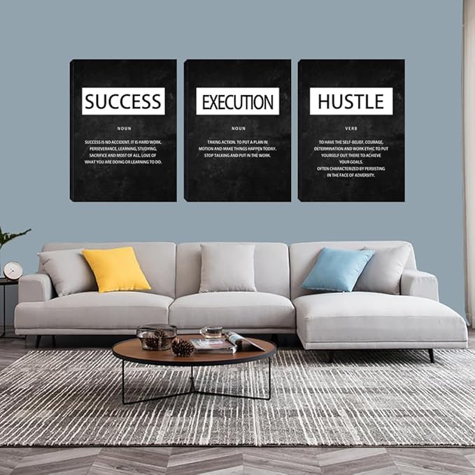 Unbruvo Motivational Canvas Wall Art - 3 Panel Inspirational Quotes Wall Decor, Hustle Success Office Decor, Positive Saying Poster for Living Room, Bedroom, Classroom(48x24 inch)
